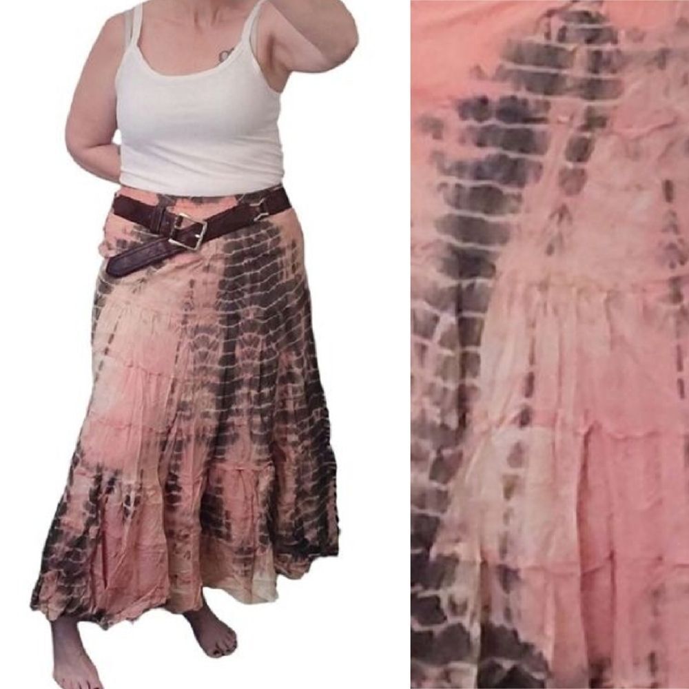 VTG 90s Pink Black Tie Dye Pull On Hippie Cotton Tiered Midi Skirt *L/ XL Fairy